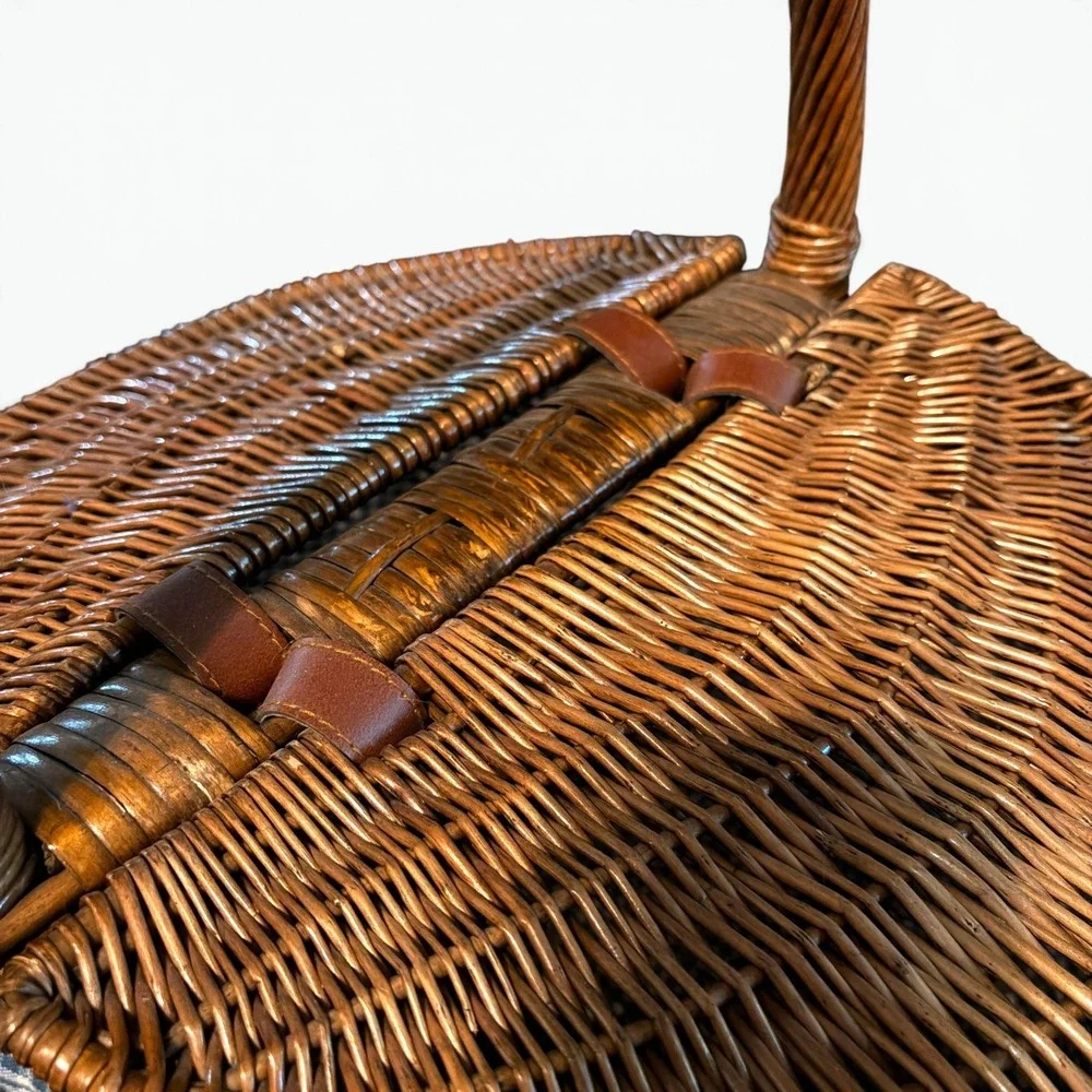Cottagecore Wicker Picnic Basket Gingham Lined Double Lid Woven Hamper 18x13x9